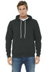 A unisex black sponge fleece pullover hoodie with a front pocket and drawstrings, featuring a logo.