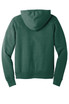 A back view of a unisex green pullover hoodie with a hood, featuring long sleeves and a logo.