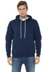 A unisex navy sponge fleece pullover hoodie with a front pocket and drawstring hood. Features a logo.
