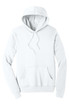 A white unisex sponge fleece pullover hoodie with a front pocket and a hood, featuring a logo.