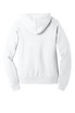 A white unisex sponge fleece pullover hoodie with a hood and long sleeves, featuring a logo on the back.