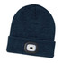 A headlamp beanie in a dark blue color featuring a built-in LED light on the front.
