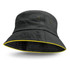 A black bucket hat featuring a coloured yellow sandwich trim and two eyelets on the sides.