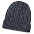 A dark grey knit beanie featuring a cable pattern and a ribbed cuff. It has a logo on the side.