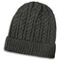 A dark grey knitted beanie featuring a cable knit design and a ribbed cuff. It includes a logo.