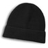 A black brushed kids beanie with a folded cuff, featuring a textured design and a logo.