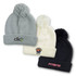 Three beanies in grey, white, and black, each with a pom-pom and featuring different logos.