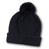 A black beanie with a textured pattern and a fluffy pom-pom on top, featuring a ribbed cuff.