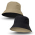 A reversible bucket hat featuring a beige side and a black side, with a logo on one side.
