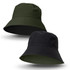 A reversible bucket hat in dark green and black, featuring a logo on one side.