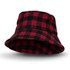 A red and black checkered bucket hat with a wide brim and a logo on the side.