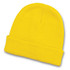 A bright yellow beanie with a folded cuff, featuring a logo.