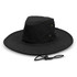 A black wide brim hat featuring ventilation holes and an adjustable chin strap.