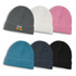 A collection of Avalanche Brushed Kids Beanies in grey, white, pink, teal, dark grey, and black, featuring a logo.