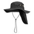 A wide-brim black hat featuring side buttons and a neck flap, designed for sun protection, with a drawstring.