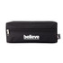 A black rectangular pencil case with a zip closure and a logo feature.