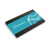 A rectangular promotional product with a turquoise and black design featuring a logo.