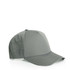 A grey perforated cap with a solid front panel and mesh side panels, featuring a logo on the front.