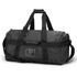 A black duffle bag with shoulder straps and a handle, featuring a small transparent pocket.