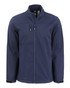 A navy blue men's softshell jacket with zippered pockets and a logo on the chest area.