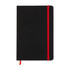 A black notebook with a red elastic band and ribbon bookmark. It features a smooth cover and rounded corners.