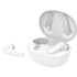 White wireless earbuds in a charging case, displayed open with one earbud outside and a visible logo on the case.