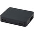 A black USB hub with four ports, including USB-A and Type-C outputs, featuring a compact rectangular design.