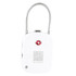 A white TSA lock with a silver cable and a small logo on the front, designed for secure travel.