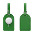 A green luggage tag featuring a white golf ball design on one side and a blank surface on the other.