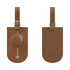 A brown luggage tag with a smooth circular attachment, featuring a subtle design and a loop for securing to luggage.