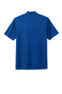 A blue polo shirt with short sleeves and a collar, featuring a logo on the back.