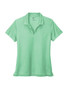 A green polo shirt featuring a collar and short sleeves, with branding on one sleeve.
