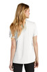 A white ladies’ polo shirt with a logo, featuring a classic collar and short sleeves, viewed from the back.