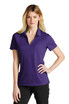 A purple polo shirt designed for women, featuring a classic collar and short sleeves, with a logo present.