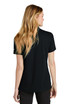 A black women's polo shirt with a logo, featuring a classic fit and short sleeves.