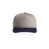 A two-tone cap featuring a beige crown and a navy brim, with a logo on the front.