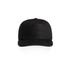 A black cap with a flat brim and a structured crown, featuring a logo on the front.