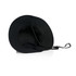 A black wide brim bucket hat with an adjustable strap, featuring an interior lining and a logo.