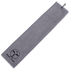 A grey sandless golf towel with a loop for hanging and a logo at one end.