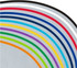 A range of coloured stripes in red, blue, green, yellow, black, white, and orange on a grey background.