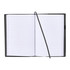 A refillable journal with a black leather cover, featuring lined pages and a ribbon bookmark.