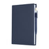 A navy blue refillable journal with a pen attached, featuring a smooth leather-like cover and plain pages inside.