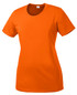 An orange ladies' short-sleeved t-shirt with a round neckline and a fitted design. It features a logo.