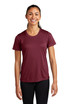 A woman wearing a maroon Sport-Tek Ladies PosiCharge Competitor Tee, with a simple design and a logo.