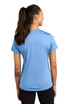 A woman wearing a blue Sport-Tek Ladies PosiCharge Competitor Tee, viewed from the back. The shirt has a logo.
