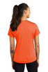 A bright orange women's T-shirt with short sleeves and a fitted design, featuring a logo on the back.