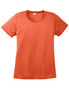 An orange ladies' t-shirt featuring a round neckline and short sleeves, with a logo on the chest area.