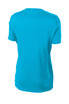 A turquoise ladies' t-shirt with a plain back and short sleeves, featuring a logo.