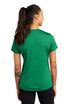 A green ladies' t-shirt with a fitted design, featuring short sleeves and a back view. It has a logo.
