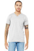 A grey unisex jersey short sleeve V-neck tee on a model, featuring a logo on the garment.